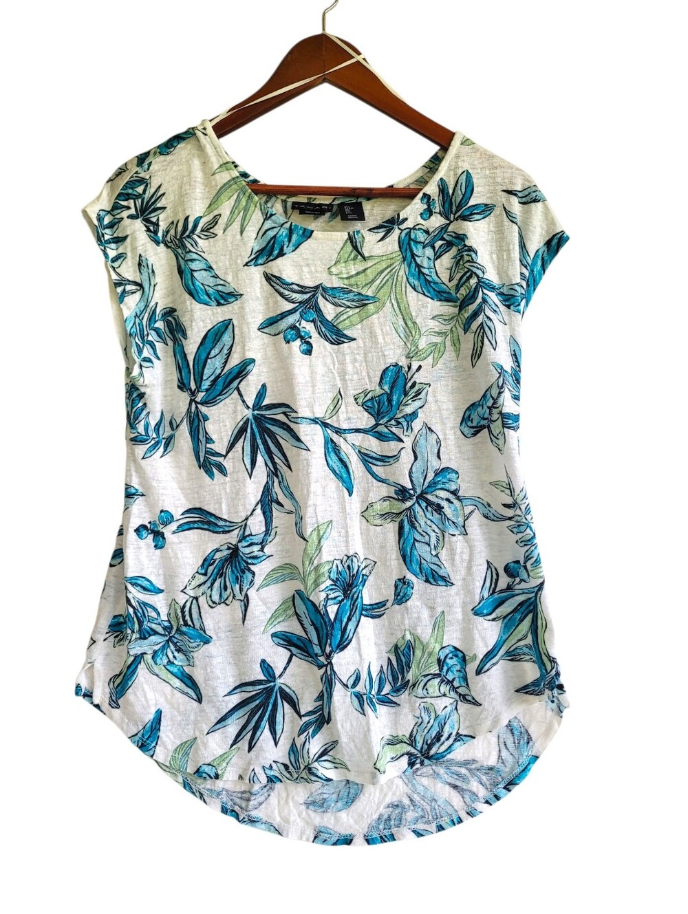 Tahari 100% Linen Cream Blue Green Floral Print Cap-Sleeve Tee Womens Large